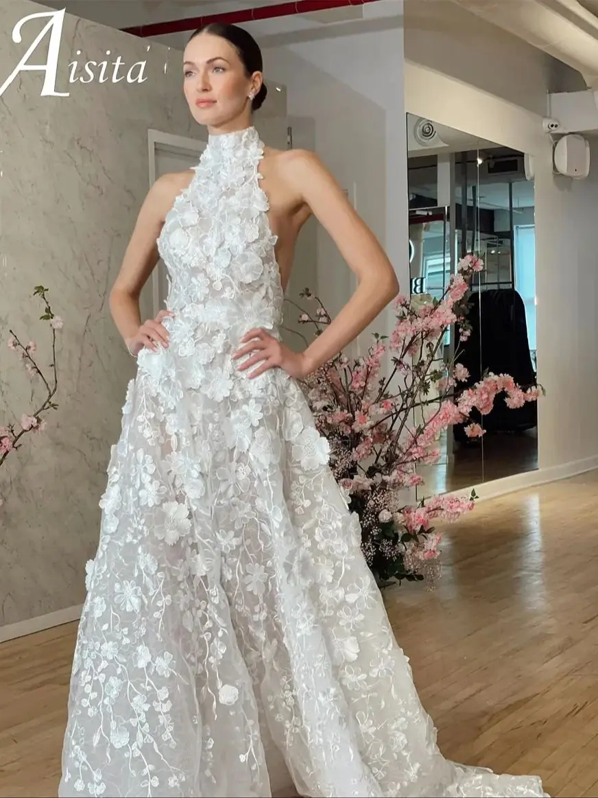 Party Dresses Halter Neck A-Line Sleeveless Lace Applique Backless vestidos de noiva Floor-Length Evening Dresses For Women