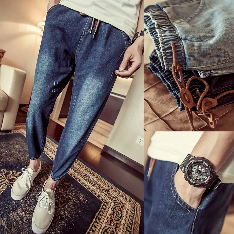 

Fashion 2022 Spring Autumn Young Men's Clothing Beam Foot Trousers Elastic Waist Ripped Hip Hop Students Feet Pants Ripped Jeans