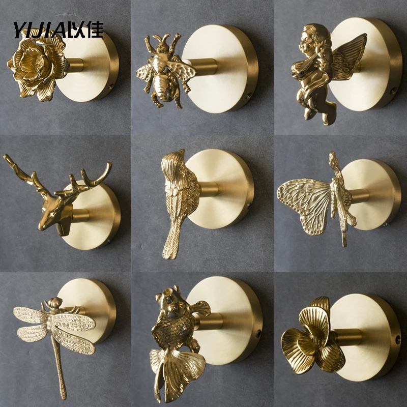 Nordic Retro Brass Multiple styles Animal Design Coat Hook For Porch Bathroom Wall Hanging Wall Decoration