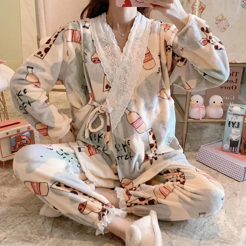 

Autumn Winter Coral Fleece Postpartum Nursing Set Thickened Oversized Coral Velvet Maternity Clothes Flannel Pajamas