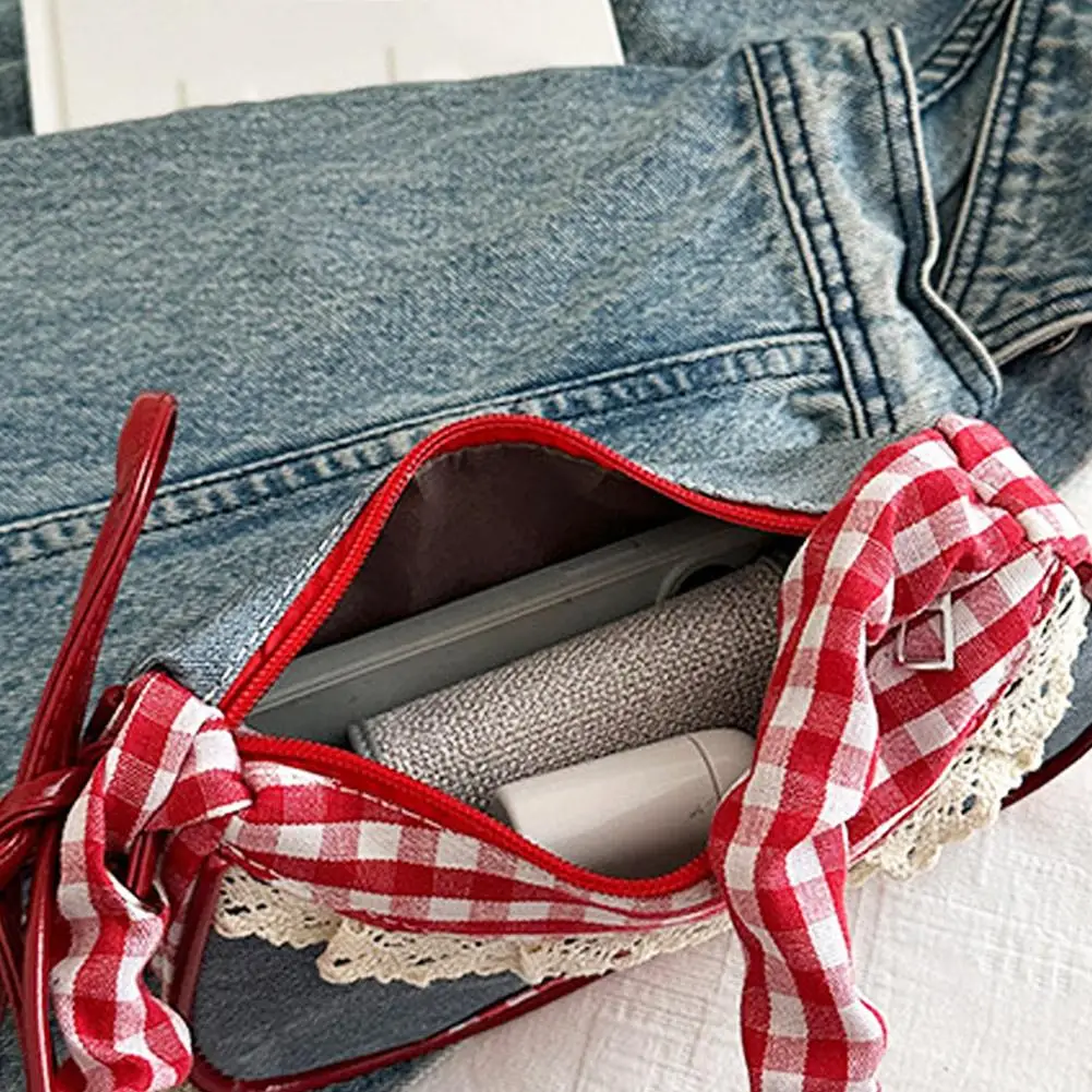 Allgleiches süße französische Stick-Handtasche, Denim-blaue Schleife, karierte Umhängetasche, große Kapazität, Spitzenband, Stoff, Unterarmtaschen, täglich – Detail 16