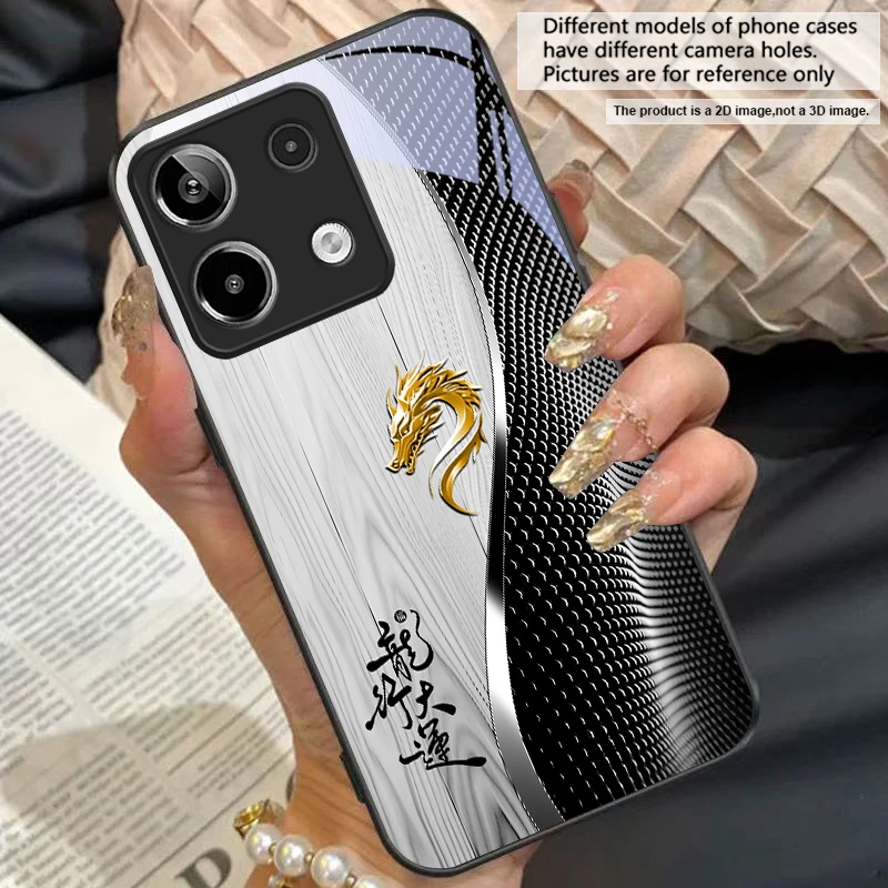 Elegant Black Tempered Glass Phone Case with Traditional Dragon Totem Design