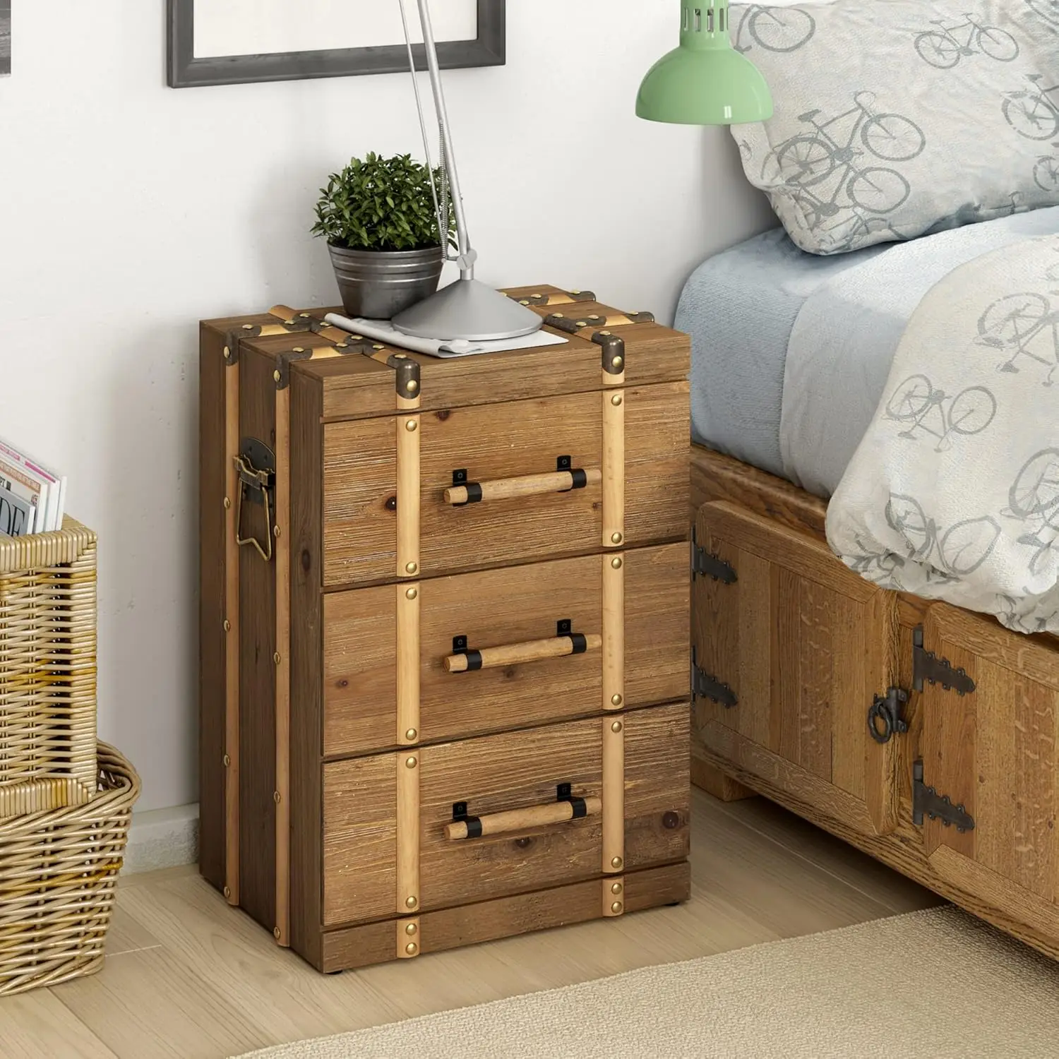 Vintage Mid Century Nightstand with 3-Drawer, Distressed Solid Wood End Table Side Table for Living Room, Bedroom