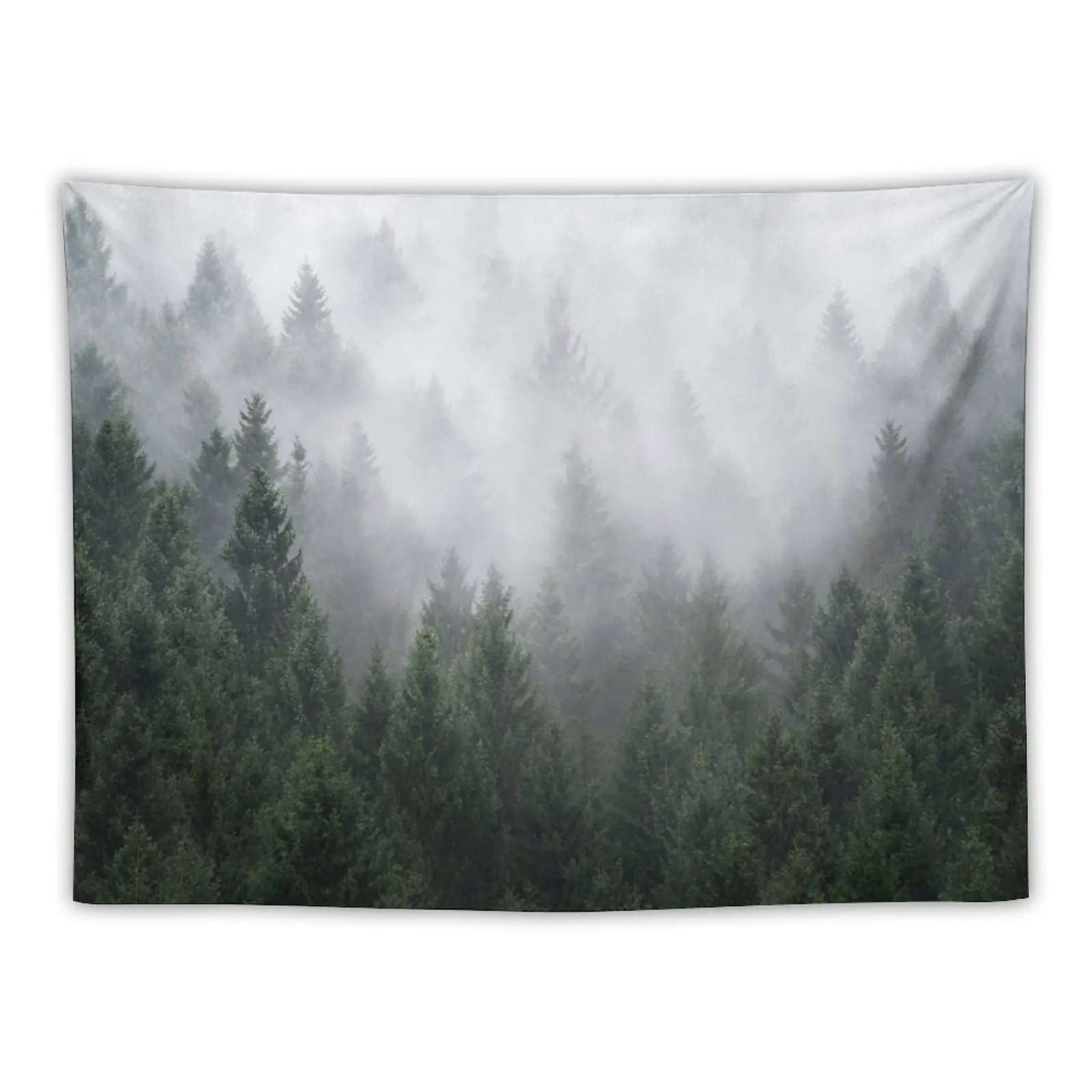 

Home Is A Feeling // Misty Retro Fall Wilderness Fairytale Evergreen Forest With Trees Covered In Magic Fog Season Tapestry