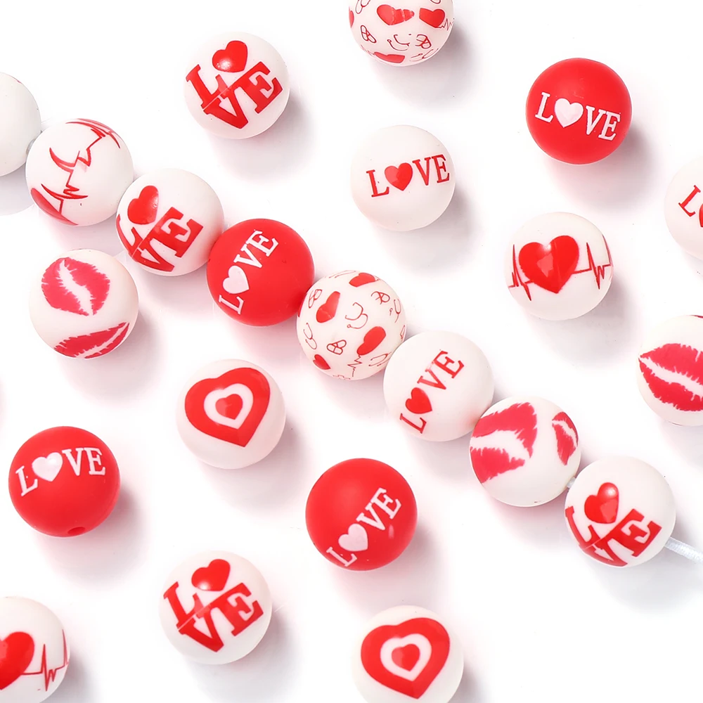 Baby Teether Round 15mm Love Heart Print Silicone Bead DIY Newborn Gift Pacifier Necklace Chain 10pcs teething toys silicone teething toys baby teething toys silicone beads silicone teether silicone teething beads