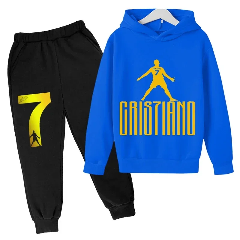 thumbnail image 1 of Conjunto de sudadera con capucha de primavera de Ronaldo, conjunto de 2 piezas de sudadera y pantalones azules informales para niños, ropa deportiva informal, chándal para niños, 1 of 5