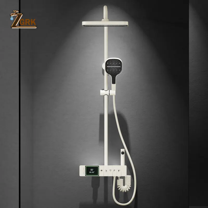 

Bathroom Thermostatic Shower Set 5 Function Piano Shower Waterfall Spray Gun Grey Digital Display Cream White Shower System