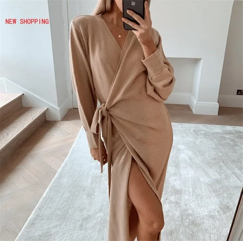 

2024 Elegant V Neck Sashes Dresses Ladies Casual Bandage Knitted Wrap Dress Women Sexy Party Dress Mujer Knit Robe Homewear