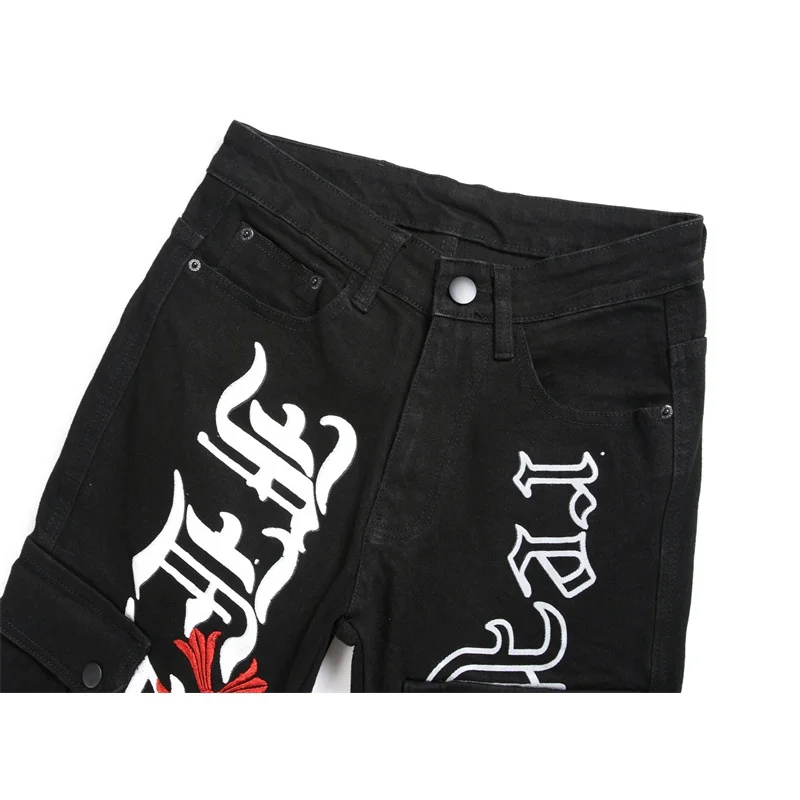 Black Personalized Jeans Men's Street Printing Japanese Style Trendy Workwear Multi-Pocket Slim Fit Patchwork Skinny Pants
