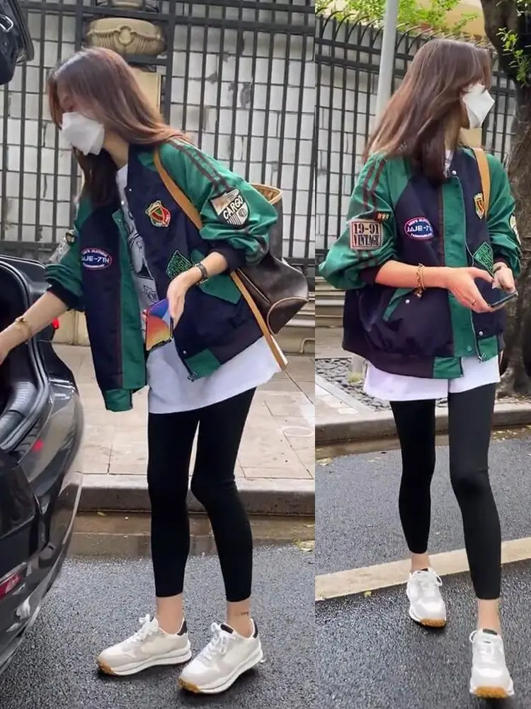 

Women New Bomber Jackets Spring Autumn Casual Racing Short Coat Vintage Loose O-Neck Long Sleeve Biker Baseball Uniform Overcoat
