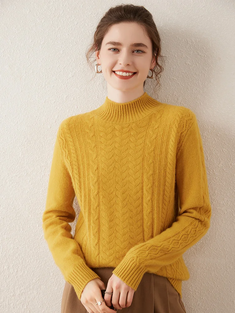

New Fashion 100% Cashmere Women Sweater Autumn Winter Thick Mock Neck Pullover Long Sleeve Cashmere Knit Female Clothing Tops