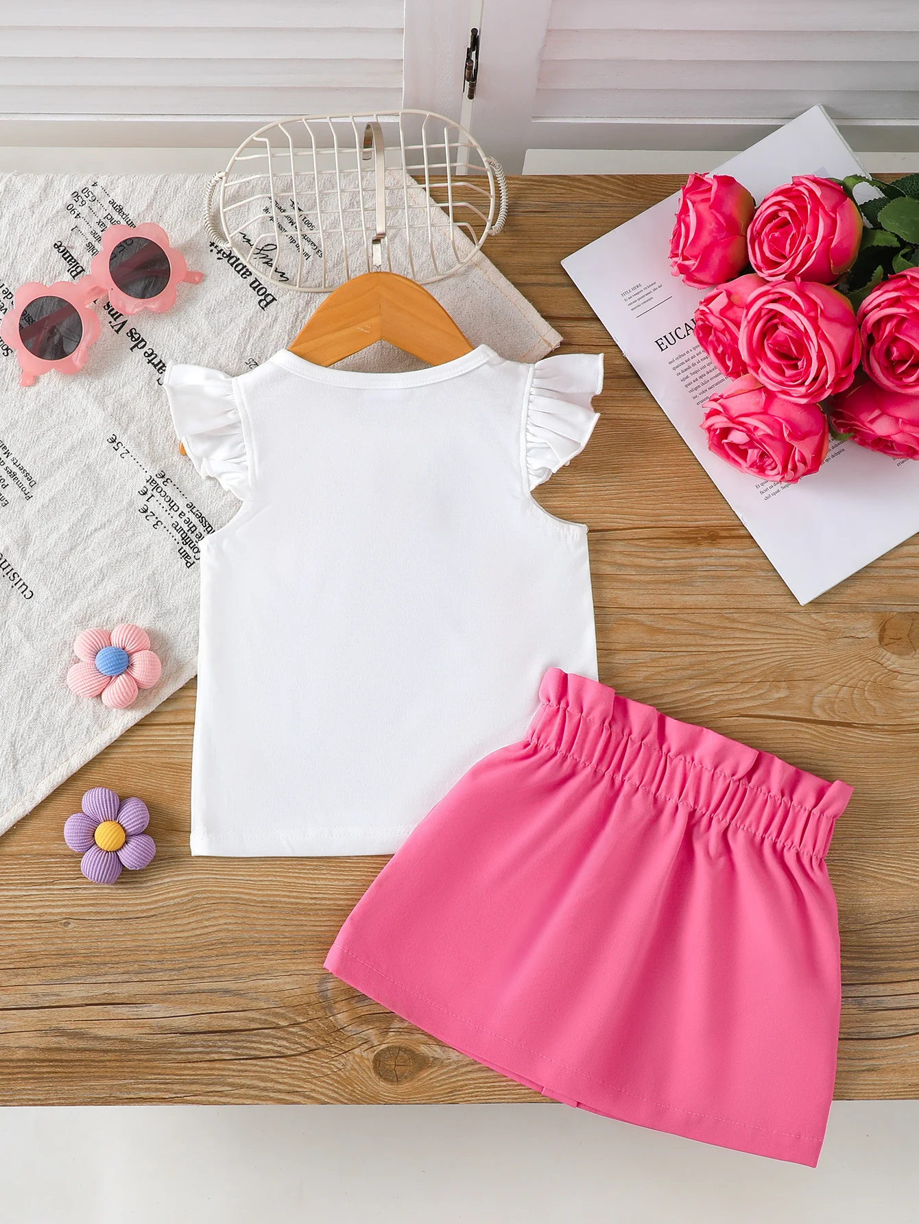 Fashion Baby Girl 3D Flower Outfit Set Ruffle Sleeve Top + Elastic Waist Pink Skirt Summer Casual Wear Clothes for 0-3Y Newborn 2