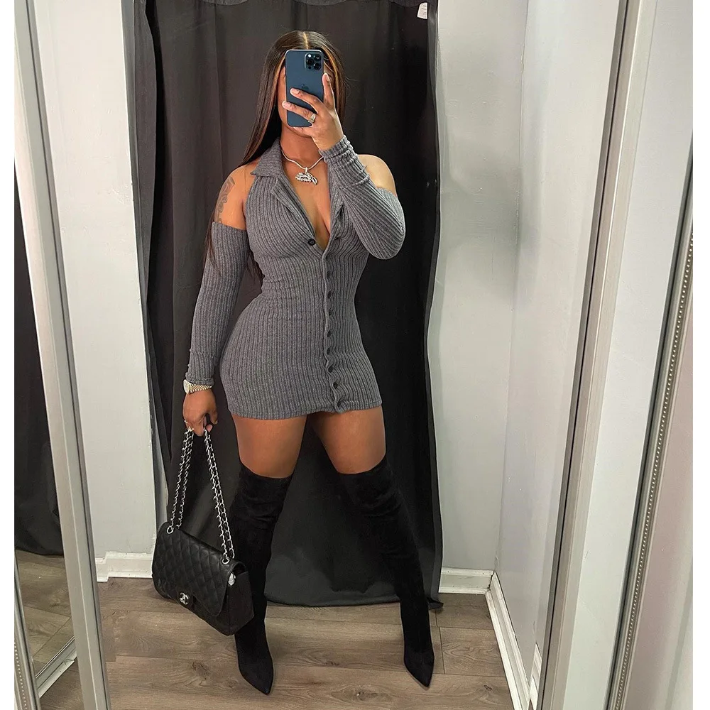 

2024 Summer Women's Fashion Solid Color Sexy Fashion Thread Deep V Off-shoulder Breasted Button-up Dress Short Skirt
