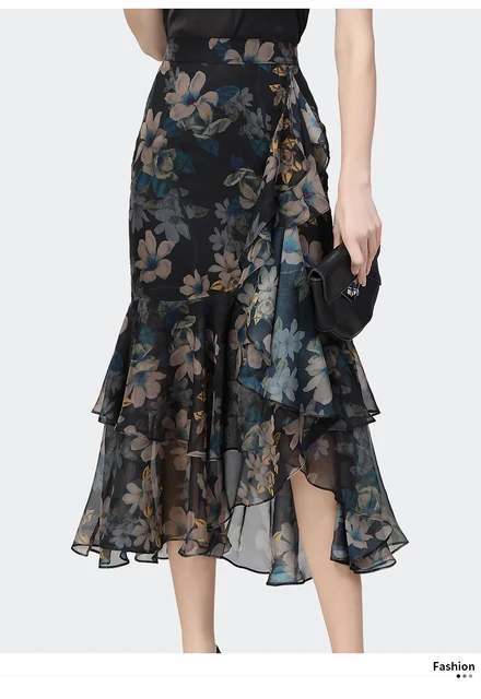 2022 Summer Floral Chiffon Skirt Women High Waist Mid-Length
