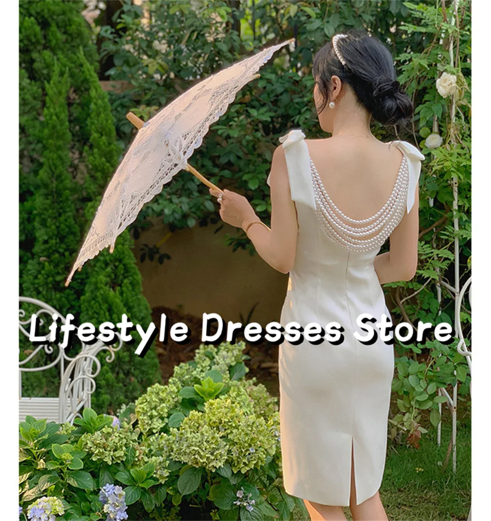 

Backless Pearls Bow Evening Dresses Sleeveless Prom Dresses Korea Style Cocktail Dress Woman 2024 Party Gown