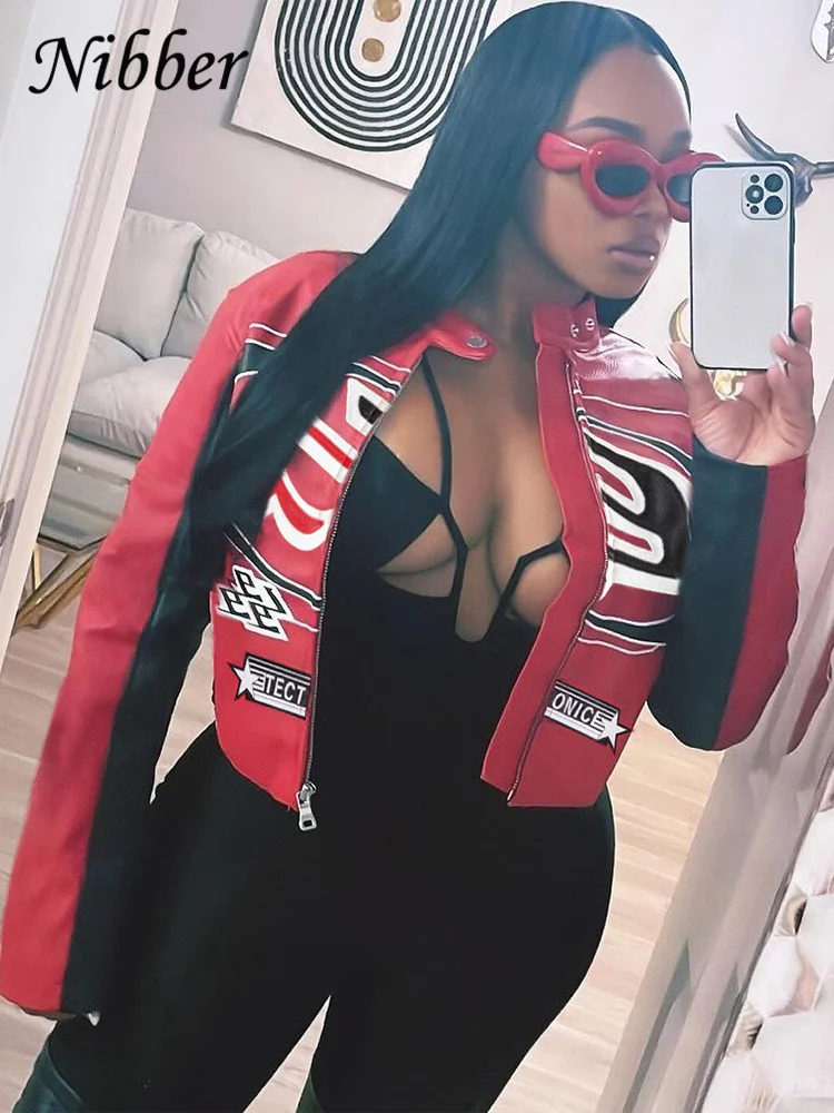 Nibber Letter Patchwork Crop Jacket Women Y2K Zipper Wild Basic Full Sleeve Varsity Uniform Streetwear Casual Locomotive Coat