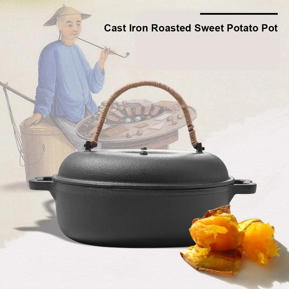 Cast Iron Roasted Sweet Potato Pan with Lid Garlic Baker for Picnic Camping Patio Backyard Cooking