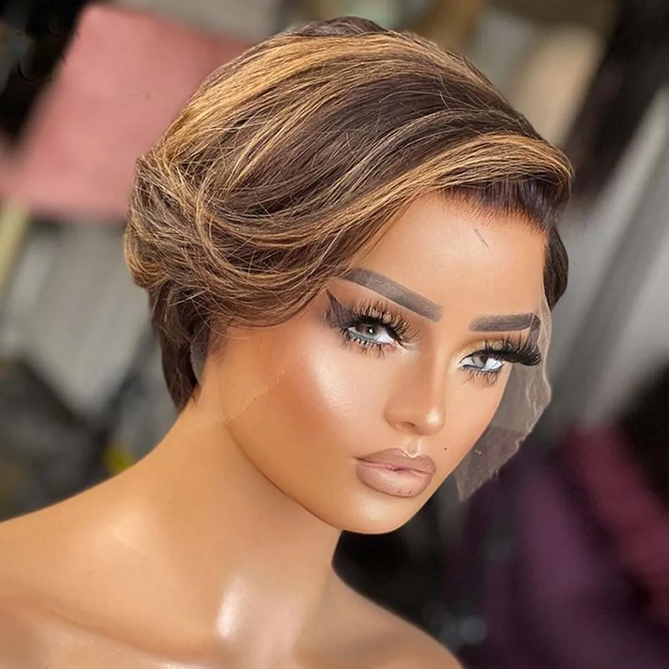 Short Bob Wig Pixie Cut Wig Straight Human Hair Wigs T Part Transparent Lace Wig For Women Highlight Straight Pixie Cut Wig