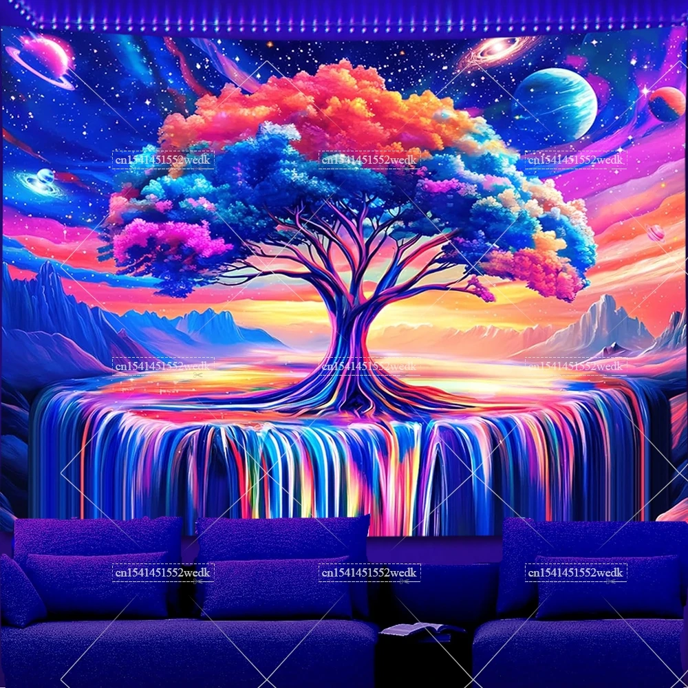 ブラックライトツリーライフタペストリー UV 反応性ネオンスター