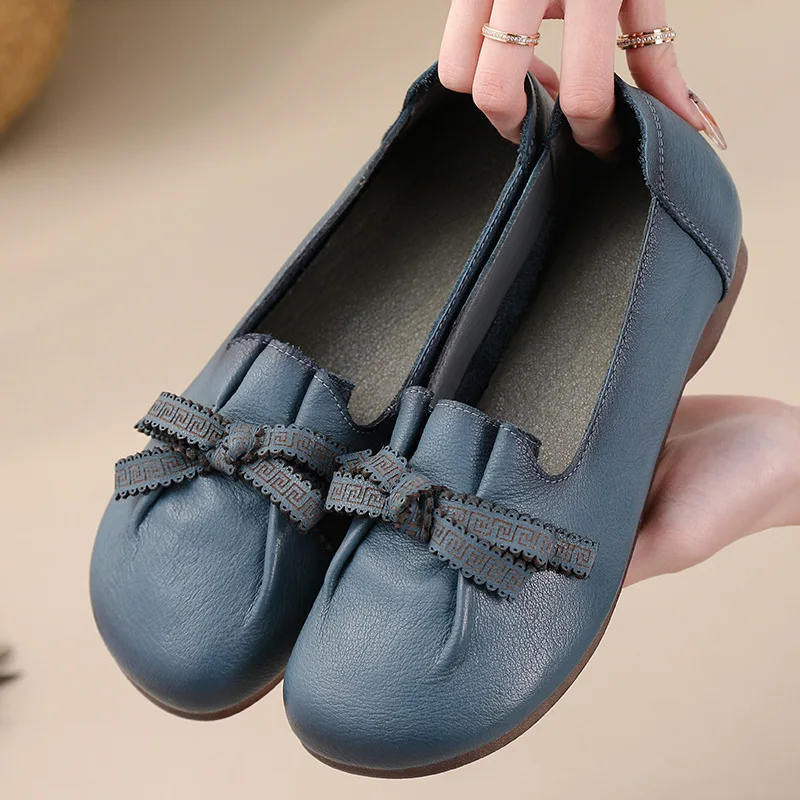 2024 spring vintage loafers women real leather moccasins ladies lace up oxfords shoes casual ballet flats comfort grandma shoes