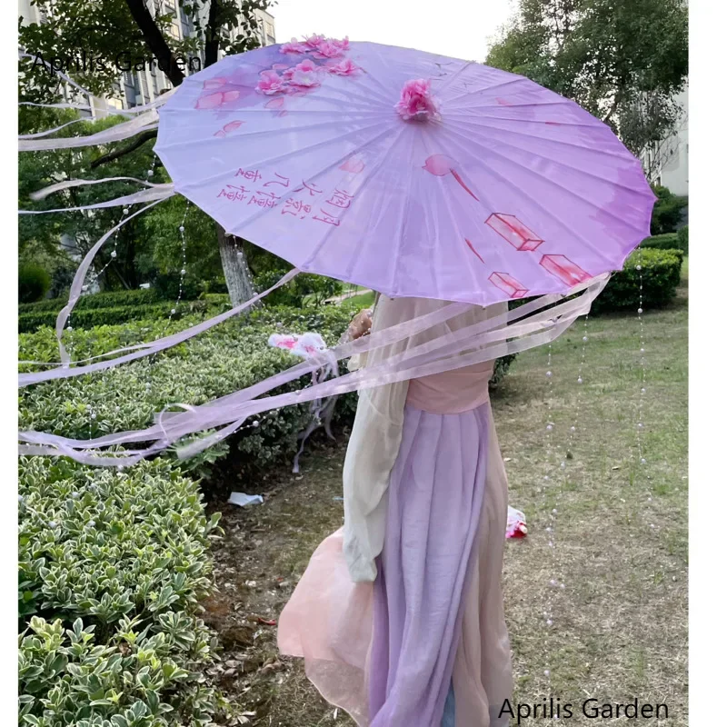 82cm Hanfu Oiled Paper Umbrella Rain Women Photography Prop Rain proof Ribbon Antique Tassels Umbrella Fan Paraguas Parasol Paper Umbrella