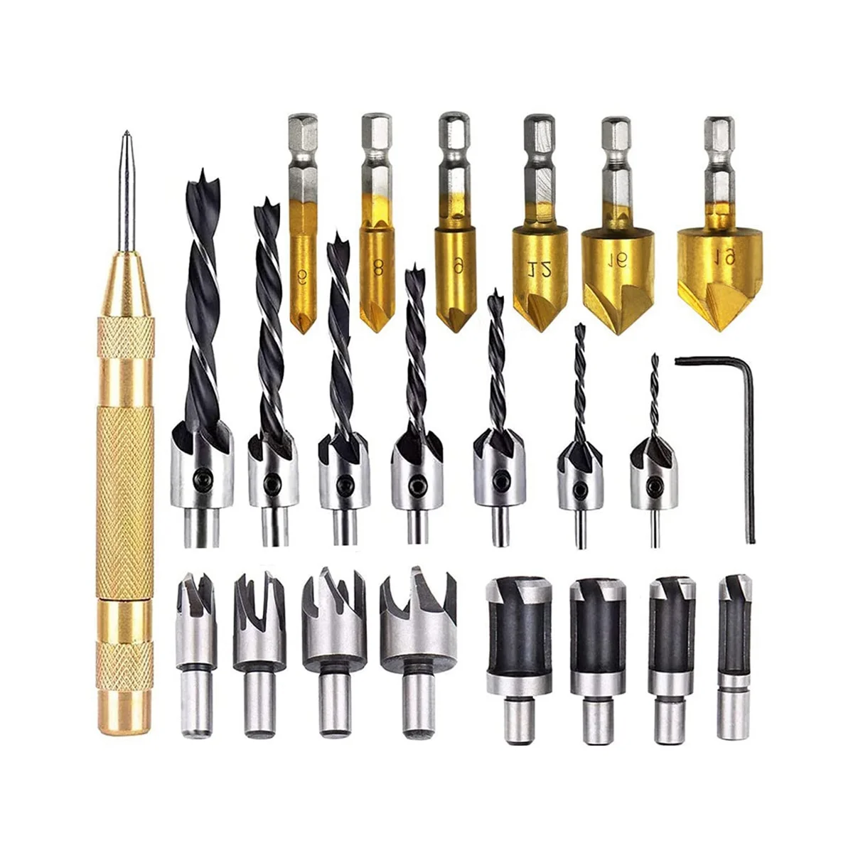 

23-Pack Woodworking Chamfer Drilling Tool Set Wood Plug Cutter Three-Pointed Countersink Drill Bit
