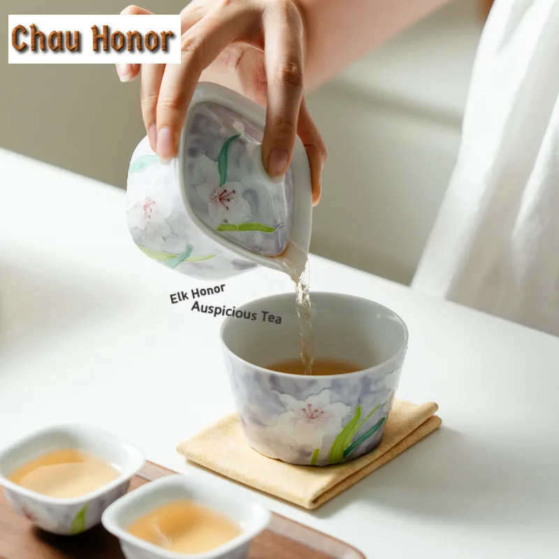 Misty Purple Pure Hand-painted Lily Tea Set Complete Set Zen Tea Ceremony Set Teapot and Tea Cup Set Teaware Accessories Craft