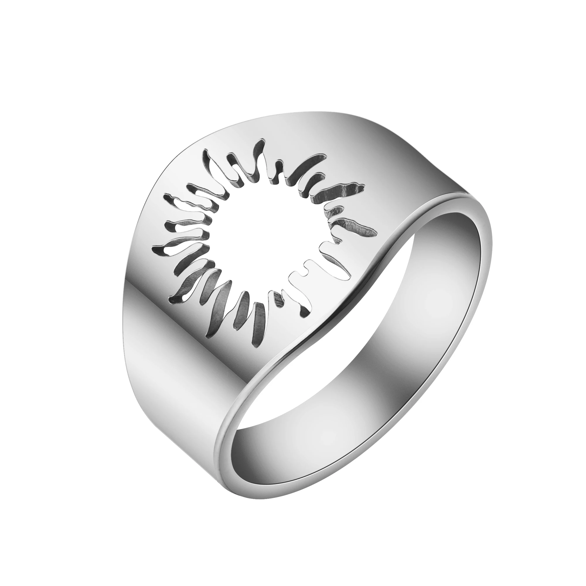 Kinitial April Stainless Steel Sun Signet Ring Sunflower Ring Round Signet Ladies Simple Ring