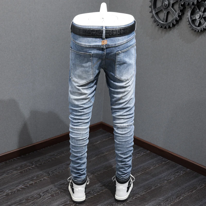 High Street Fashion Men Jeans Retro Light Blue Spliced Designer Biker Jeans Homme Elastic Stretch Slim Fit Hip Hop Pants Men