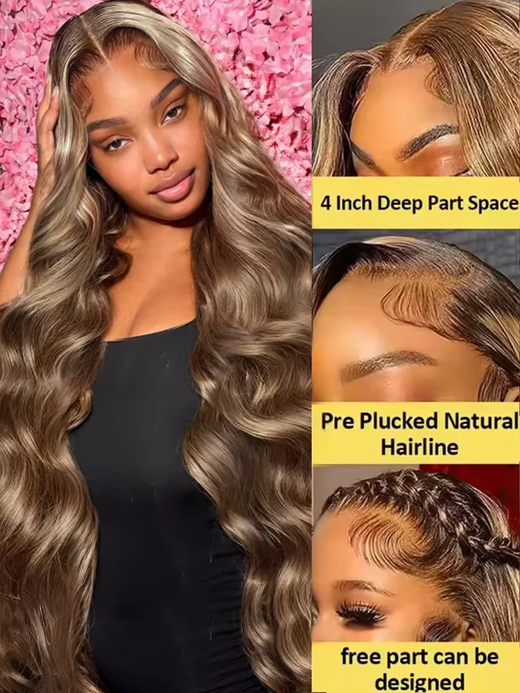 4/27 Highlight Brown Body Wave 13x4 Colored Lace Front Human Hair Wigs Glueless 13x6 Ombre Blonde HD Lace Frontal Wig For Women