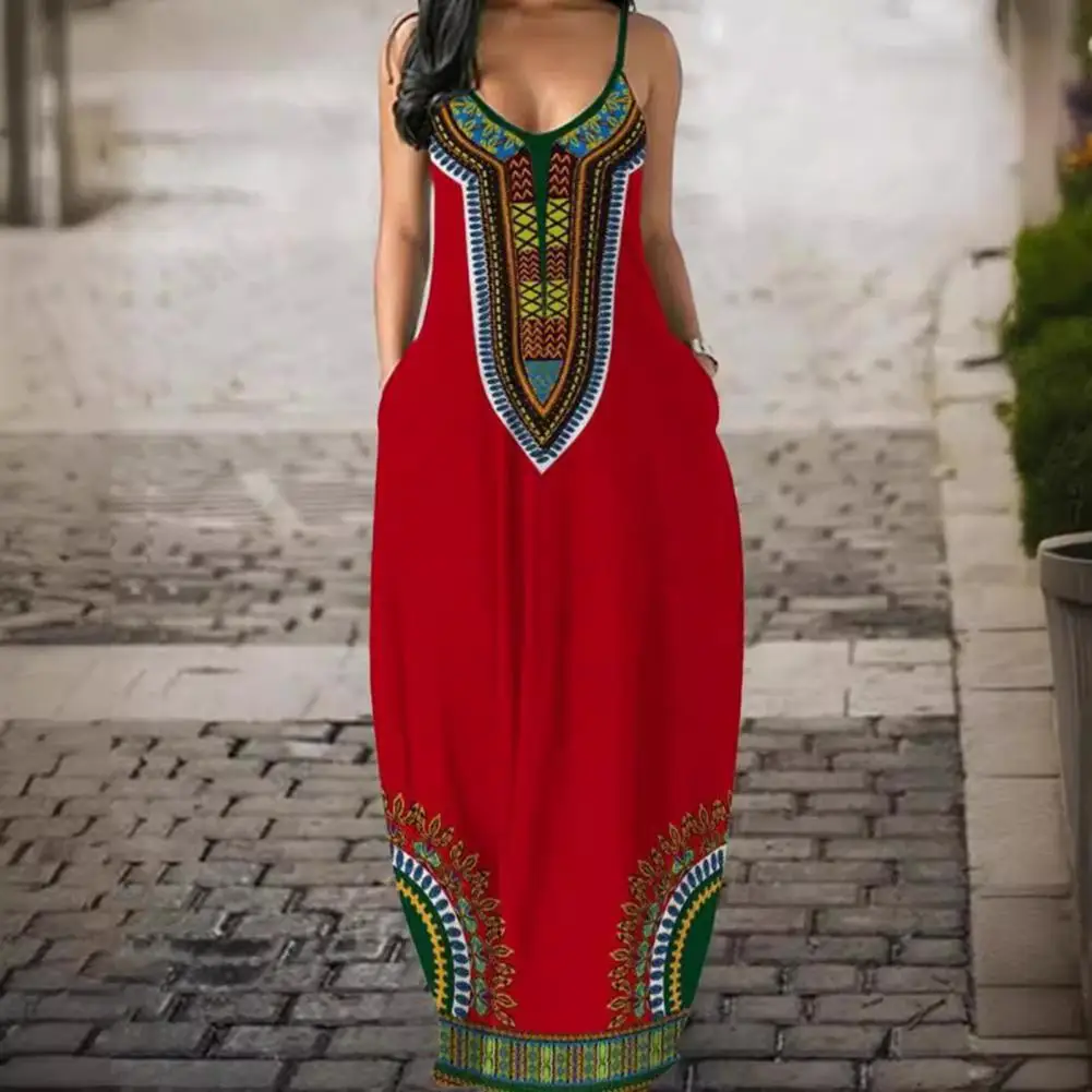 

High-waisted Long Dress Bohemian Style Vacation Maxi Dress with Retro Contrast Color Print Oversized V Neck Women's for Summer