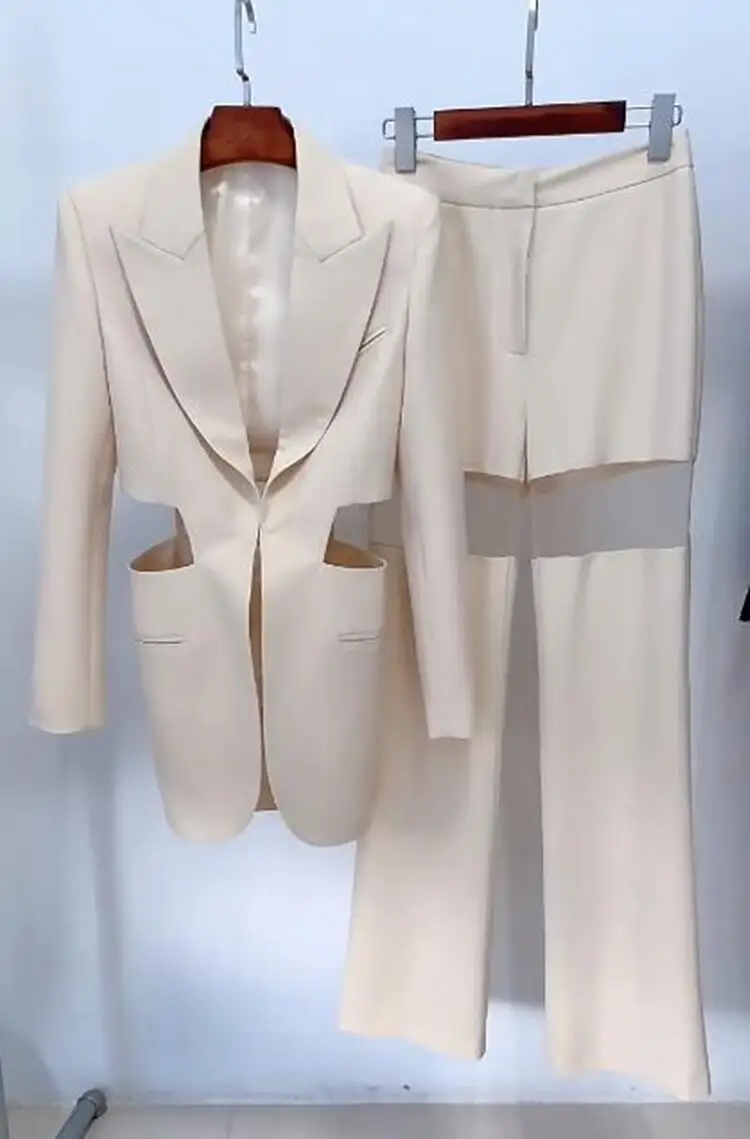 

Женский дизайнерский брючный костюм, пикантный пиджак с вырезами на талии и сетчатые лоскутные брюки, комплект из двух предметов, весна 2022, B952