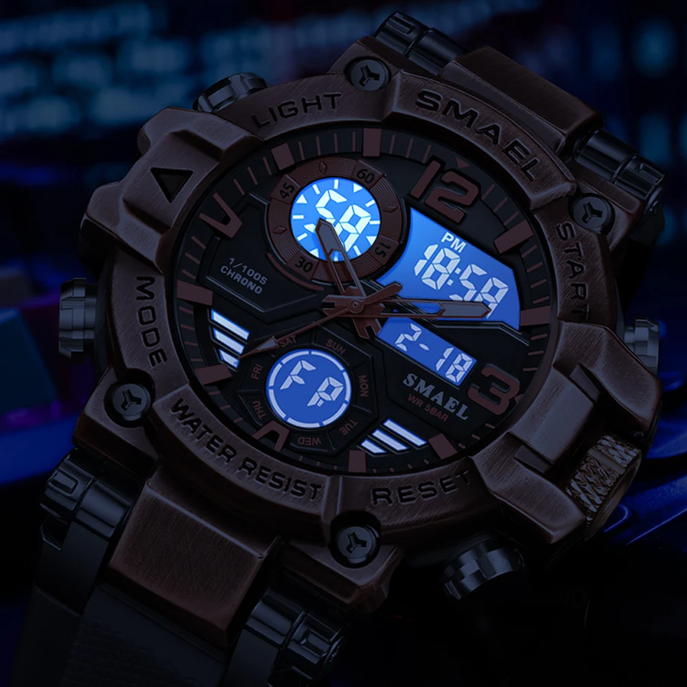 Smael Outdoor Men Watch Bronze Case Sports Waterproof Dual Digital Display Wristwatch Luminous Electronic Quartz Watches For Man, Alina Gadgets