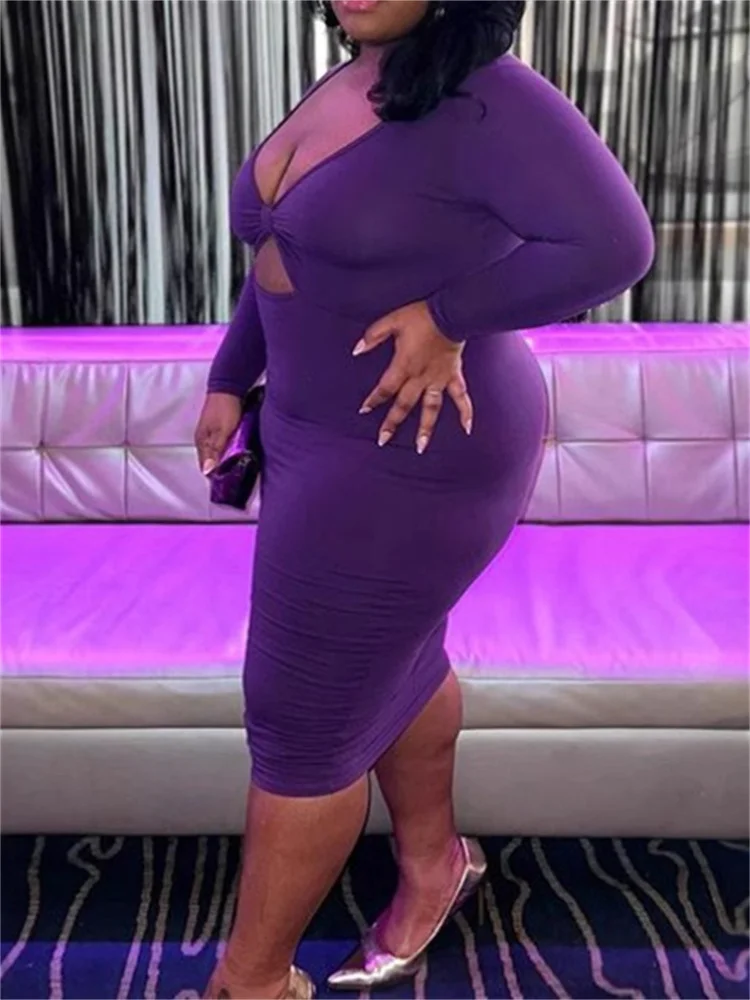 Wmstar Plus Size Dresses Women Bodycon Stretch V Neck Hollow Out Elegant Long Sleeve Maxi Dress Summer Wholesale Dropshipping