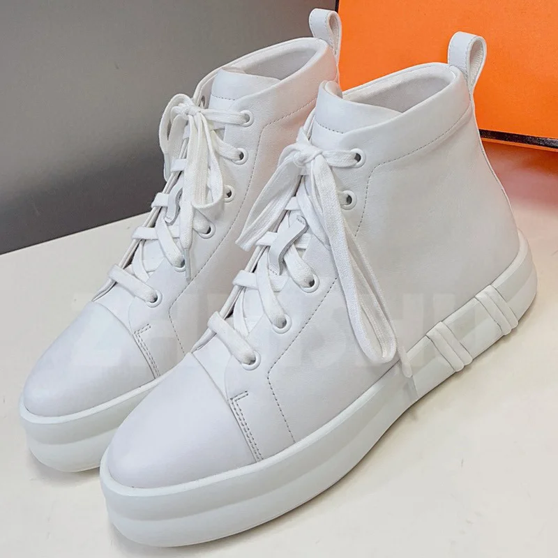 

Women Lace Up Flat Shoes Spring Autumn Genuine Leather Upper Round Toe Solid High Top Casual Shoes Comfortable Versatile Loafers