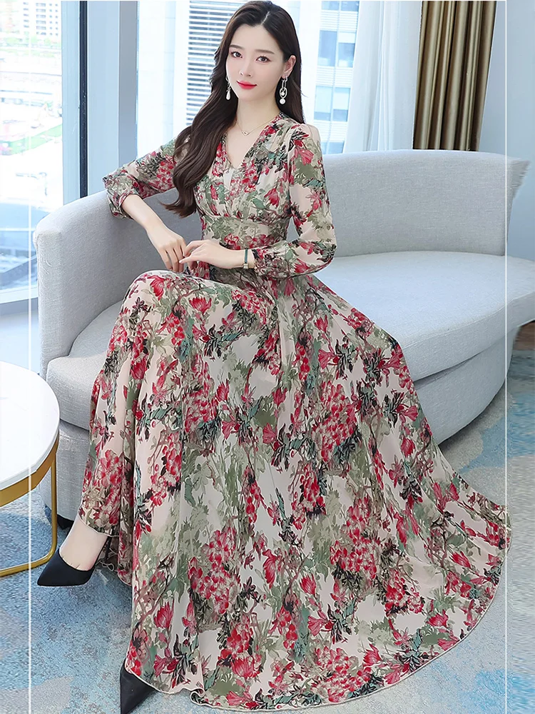 Women Spring Autumn Midi Casual Dress Beach Floral Chiffon Robe Chic ...