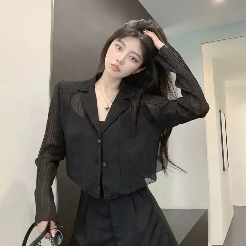 

Black Transparent Shirts Women Mesh Blouses Korean Fashion Summer Streetwear Long Sleeve Sexy Pleated Cardigan Chic