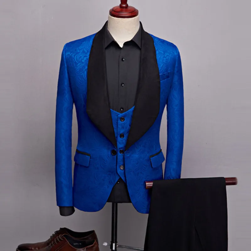 2022 New Men's Casual Boutique Business Big Black Collar Suit / Male Jacquard Dark Pattern Blazers Jacket Pants Vest 3 Pcs Set | Мужская