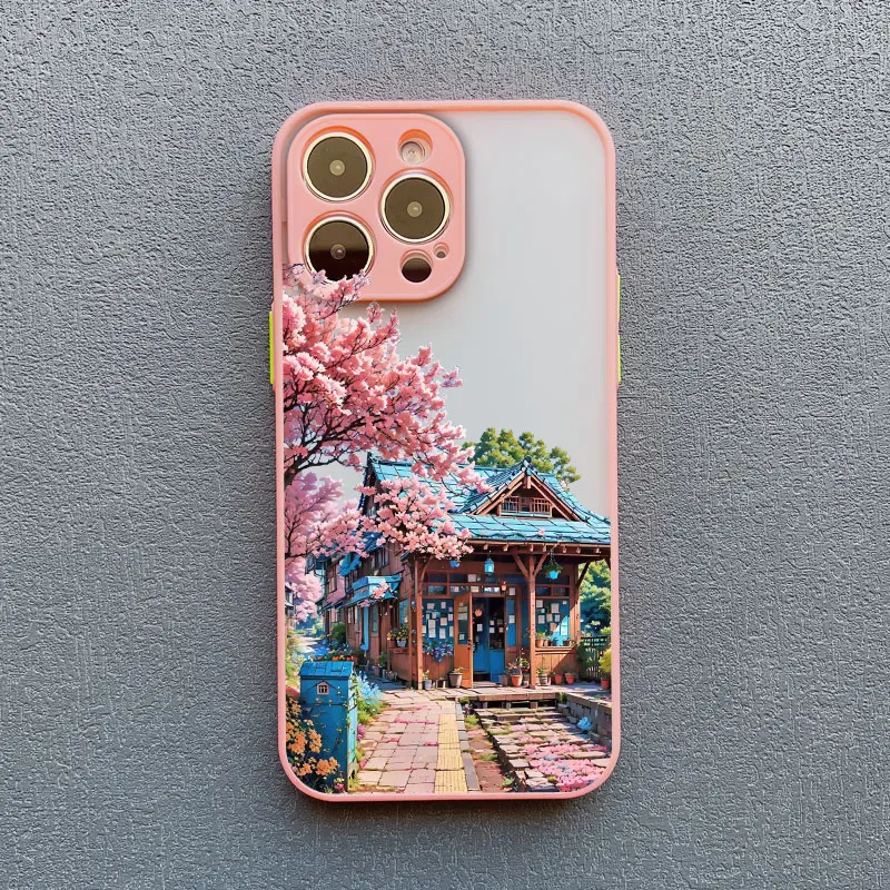 Fower Blooming House Phone Case Matte For iphone 15 14 11 12 13 Mini Pro Max 15 14 Plus X XS XR 7 8 Plus Shockproof Back Cover