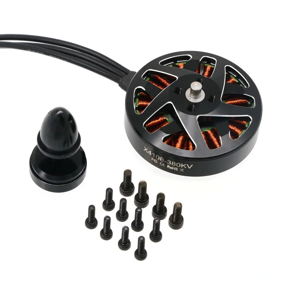 Détail du moteur brushless haute puissance X4108 pour hélicoptère, avec câbles et support de montage.