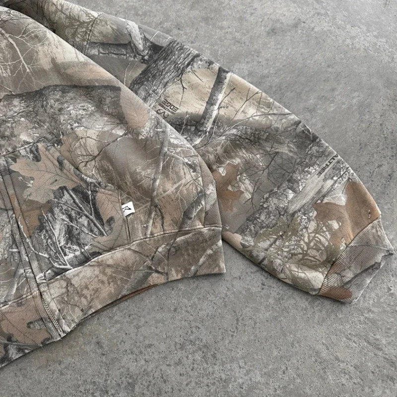 American retro do old camouflage zip up hooded jacket men and women spring and fall workwear jacket Y2K sweatshirt  streetwear 5