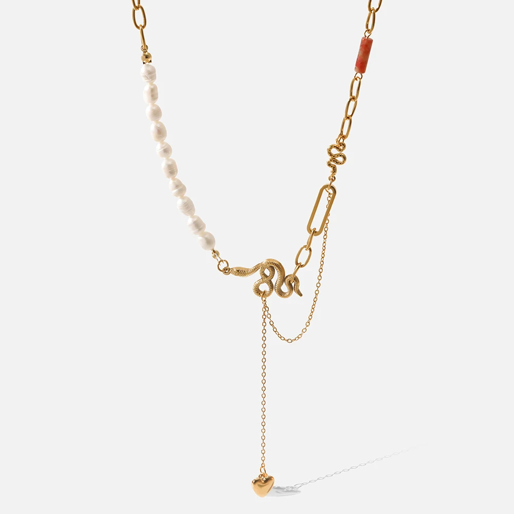 

Natural Pearl Snake Necklace Trendy Stainless Steel Jewelry 18 K Gold Metal Heart Shaped Pendant Necklace for Women Gift 2022