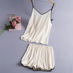 Lisacmvpnel Women's Imitation Silk Pajamas Suspender Shorts Two-piece Simple Style Pajamas Suit Comfortable Home Clothes