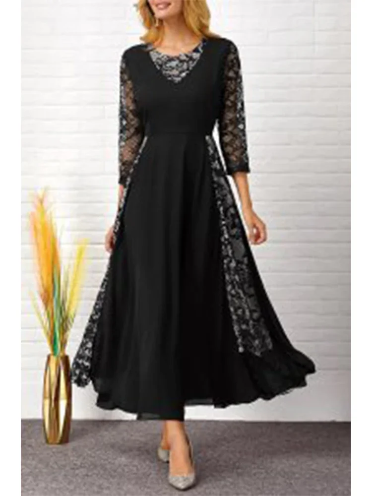 

Plus Size Lace Patchwork 3/4 Sleeve Round Neck Maxi Dress for Women Black Color Elegant Pleated A-Line Long Dress Fashion Robe