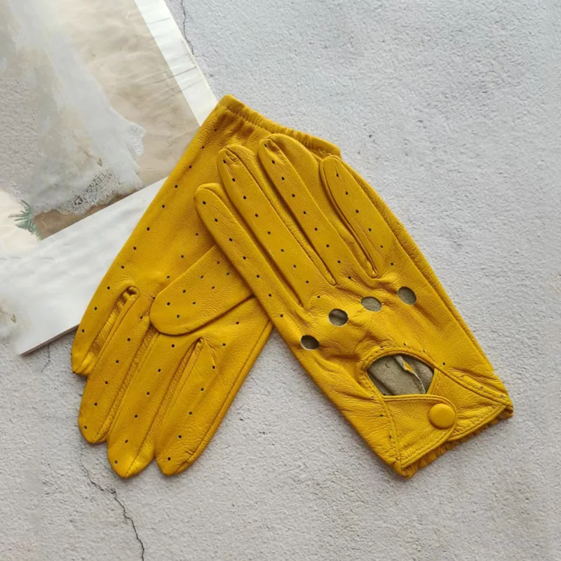 Thin Women's Sheepskin Driver Gloves Summer Breathable Snap Button Colored Genuine Leather Gloves