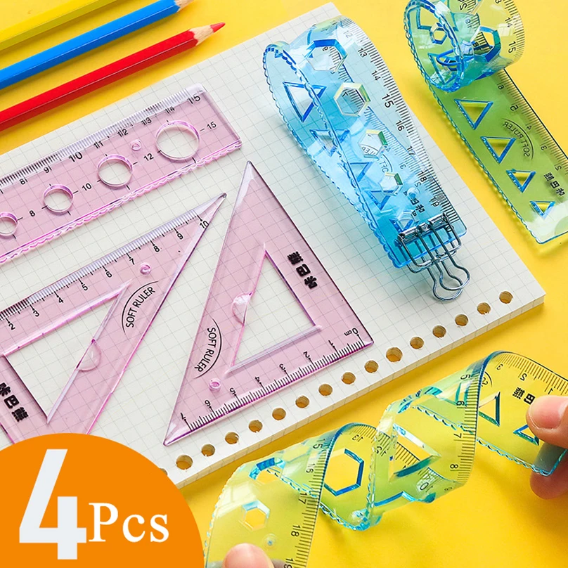 

4Pcs Transparent Soft Ruler Kawaii Accessories 15cm 20cm Drawing Tool Papeleria School Supplies Stationery School Rules Set