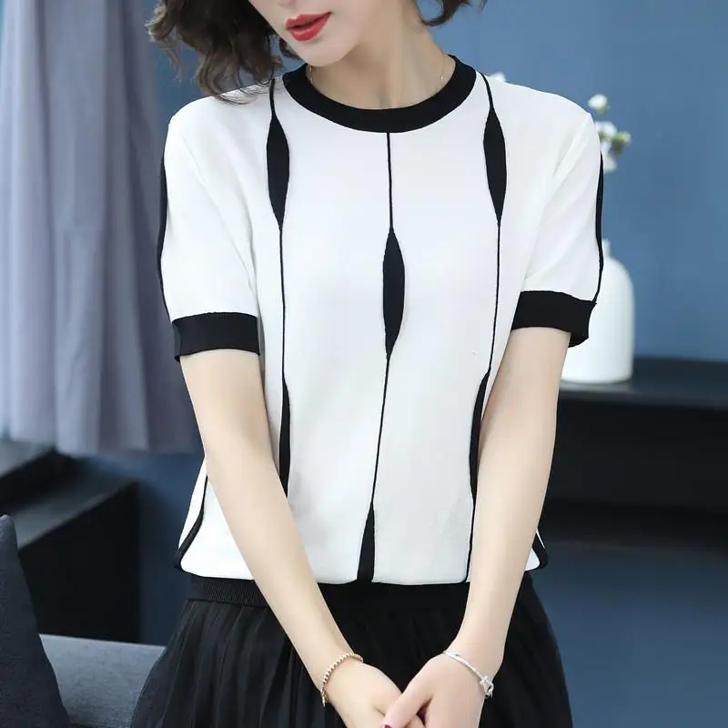 

Pullover T Shirt Female 2023 Summer Ice Silk Knit Women Short Sleeve T-shirt Striped Underlay Short Loose O Neck T Shirt Female