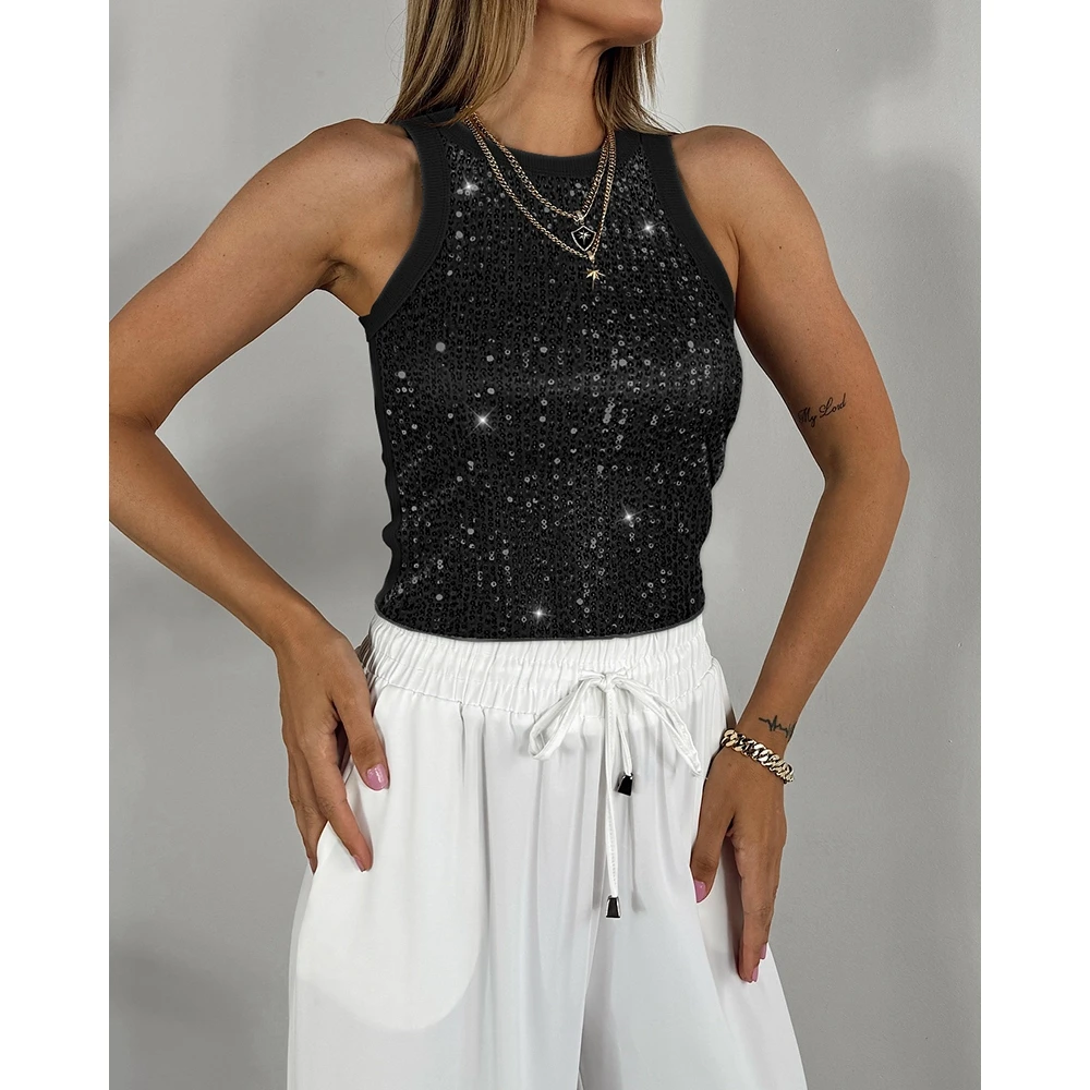 Women's U-Neck Allover Sequin O-neck Sleeveless Tank Tops Slim Fitted Shirt