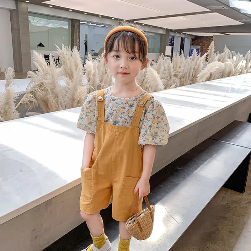 

1 Pc Solid Color Girls Overalls Middle Big Children's Loose Overalls Shorts Children's Casual Shorts Summer Thin Suspenders