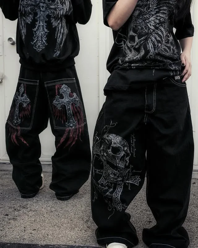 Men's Streetwear Hiphop Baggy Wide Leg Jeans Vintage 90s Heavy Embroidery Skull Wing Oversized Denim Trousers